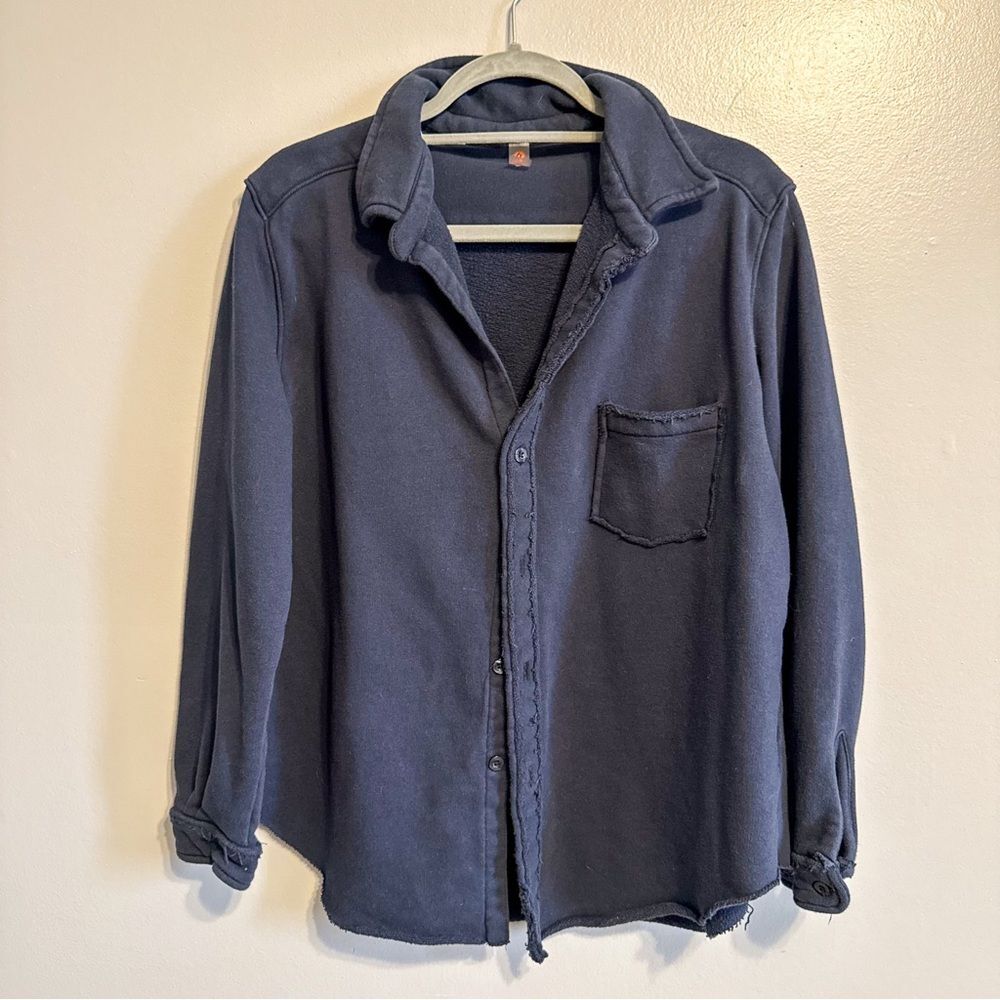 Mono B Navy Oversized Fleece Shacket Button Front Jacket Small (Oversized Fit)